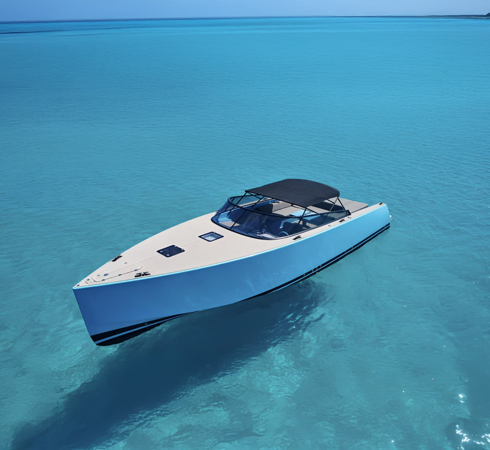 VanDutch 40 au mouillage sur une eau turquoise, vue aérienne