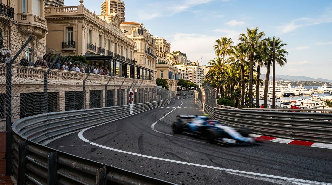 Virage en bord de mer du circuit urbain de Monaco un jour de course, barrières Armco et architecture Belle Époque, voiture monoplace en flou de vitesse