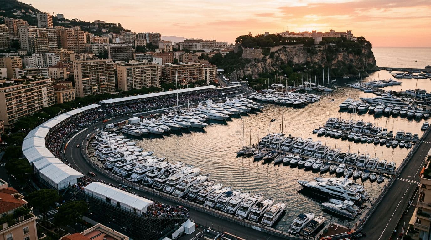 Vue aérienne du port Hercule de Monaco à l'heure dorée pendant un week-end de course, le port saturé de mégayachts, le Rocher des Grimaldi en silhouette