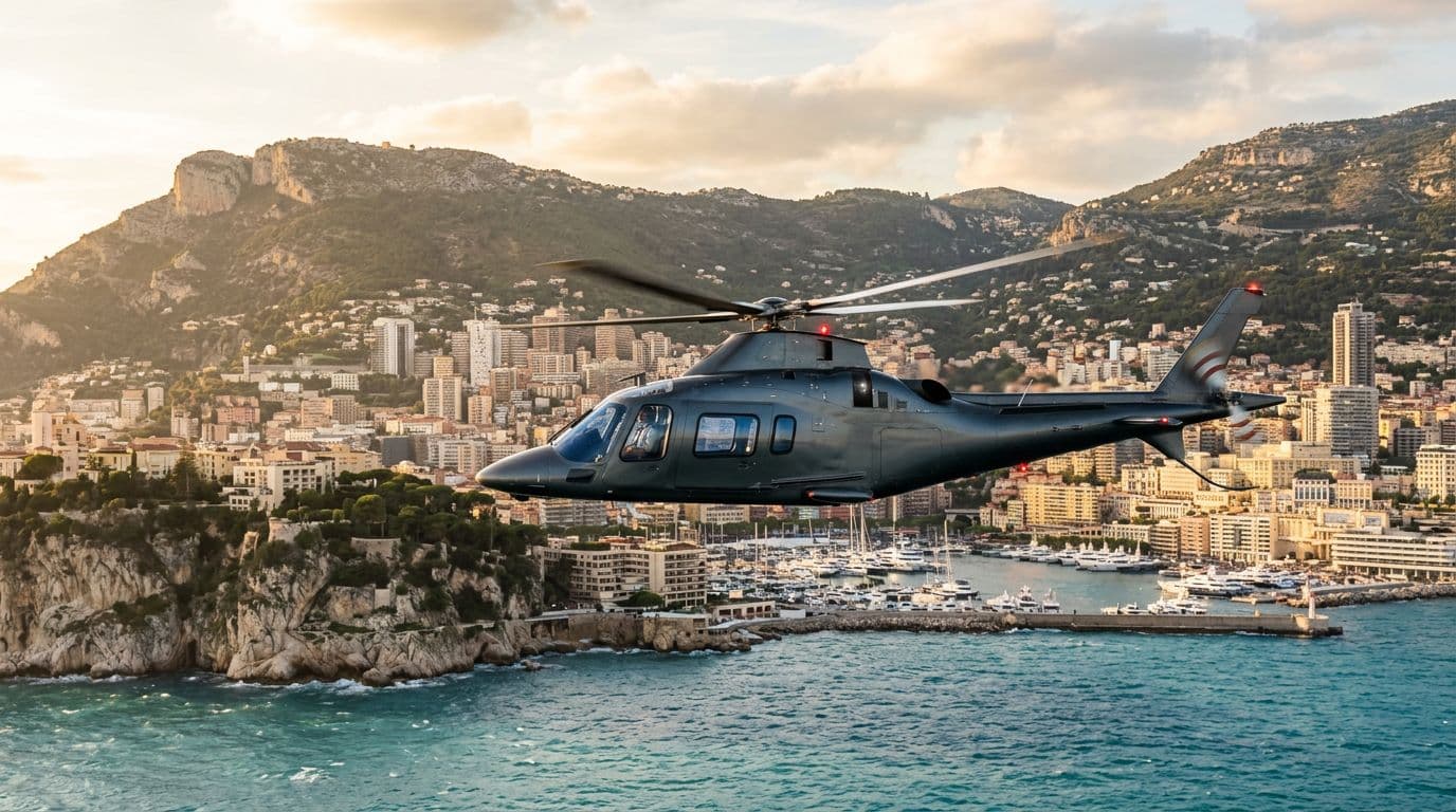 Hélicoptère léger civil approchant la côte monégasque depuis l'ouest au-dessus de la Méditerranée